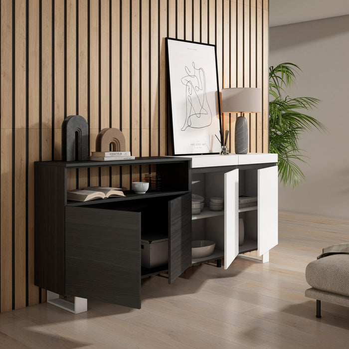 Credenza, Mobile, 200x35x87cm, 4 Porte, Design industriale, Bianco e nero RF2400