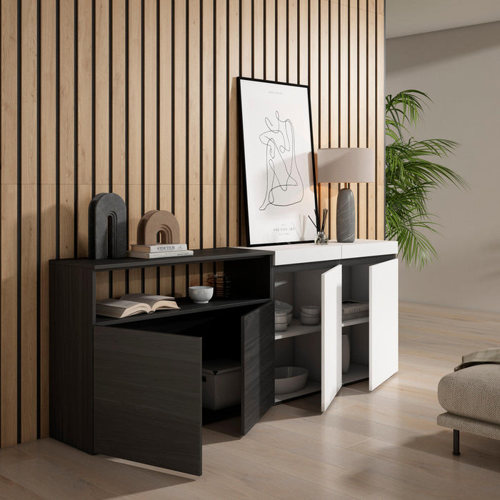 Credenza, Mobile, 200x35x75cm, 4 Porte, grande stoccaggio, Bianco e nero RF2391