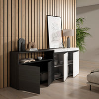 Credenza, Mobile, 200x35x75cm, 4 Porte, grande stoccaggio, Bianco e nero RF2399