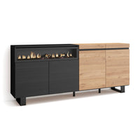 Credenza, Mobile, 200x35x87cm, 4 Porte, Camino elettrico, Design industriale, colore Rovere e nero RF2378