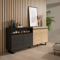 Credenza, Mobile, 200x35x87cm, 4 Porte, Camino elettrico, Design industriale, colore Rovere e nero RF2378