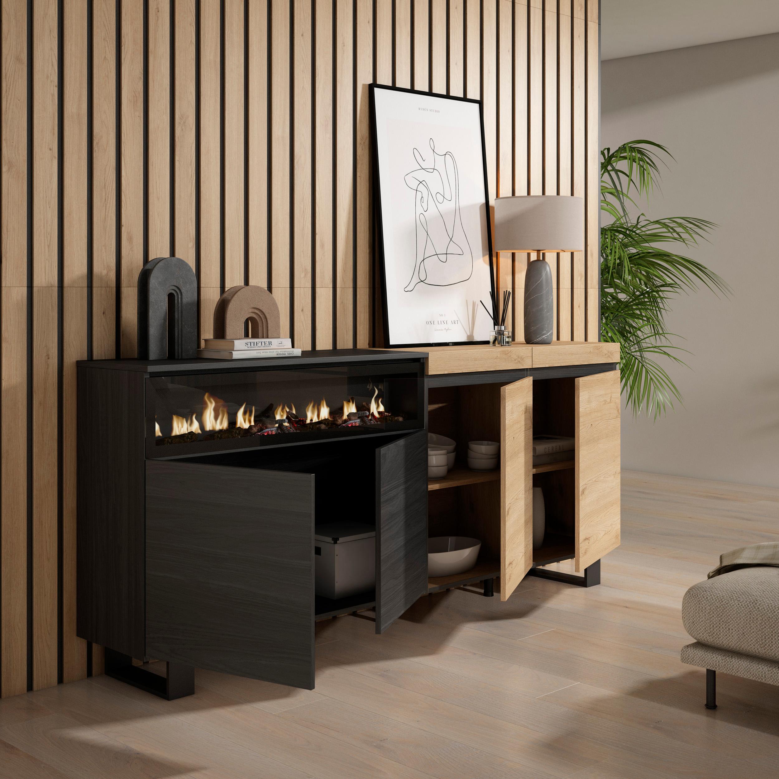Credenza, Mobile, 200x35x87cm, 4 Porte, Camino elettrico, Design industriale, colore Rovere e nero RF2378