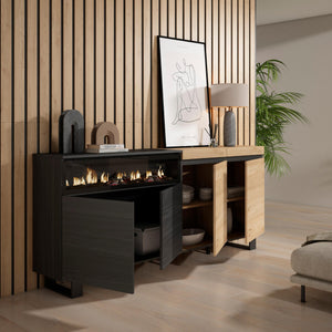 Credenza, Mobile, 200x35x87cm, 4 Porte, Camino elettrico, Design industriale, colore Rovere e nero RF2378