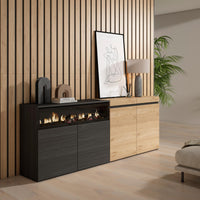 Credenza, Mobile, 200x35x75cm, 4 Porte, Camino elettrico, colore Rovere e nero RF2377
