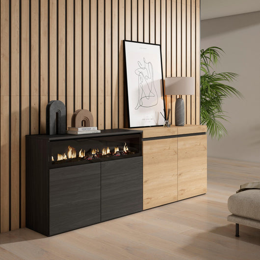 Credenza, Mobile, 200x35x75cm, 4 Porte, Camino elettrico, colore Rovere e nero RF2377