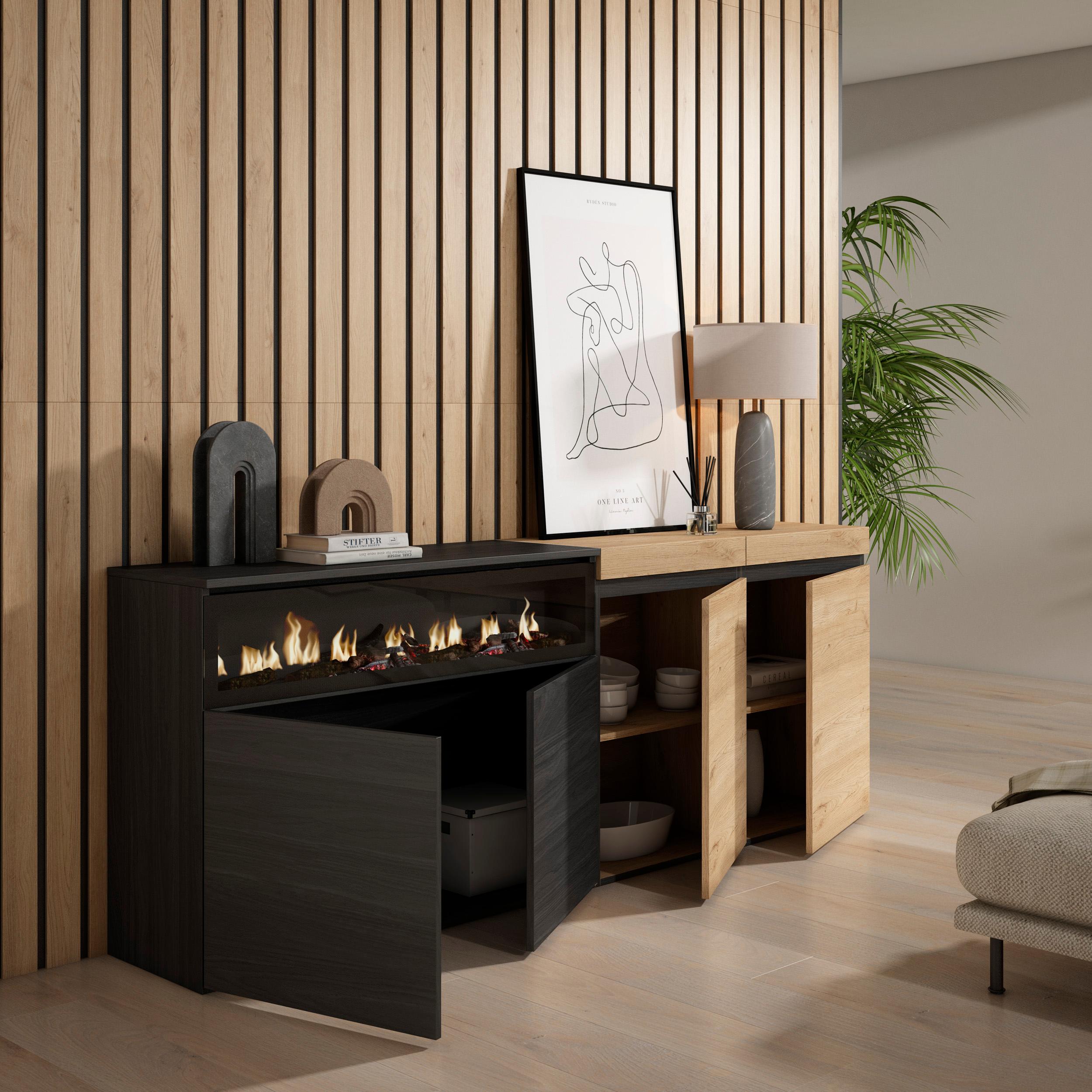 Credenza, Mobile, 200x35x75cm, 4 Porte, Camino elettrico, colore Rovere e nero RF2377