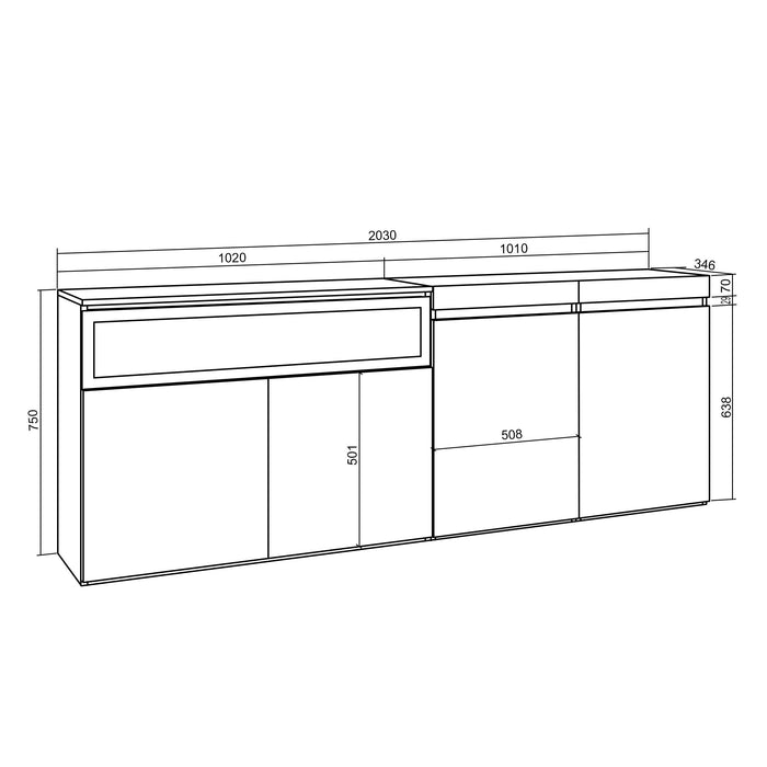 Credenza, Mobile, 200x35x75cm, 4 Porte, Camino elettrico, colore Rovere e nero RF2377