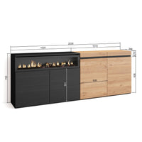 Credenza, Mobile, 200x35x75cm, 4 Porte, Camino elettrico, colore Rovere e nero RF2377