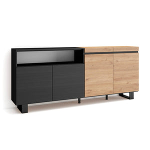 Credenza, Mobile, 200x35x87cm, 4 Porte, Design industriale, colore Rovere e nero RF2376
