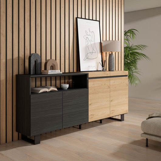 Credenza, Mobile, 200x35x87cm, 4 Porte, Design industriale, colore Rovere e nero RF2376