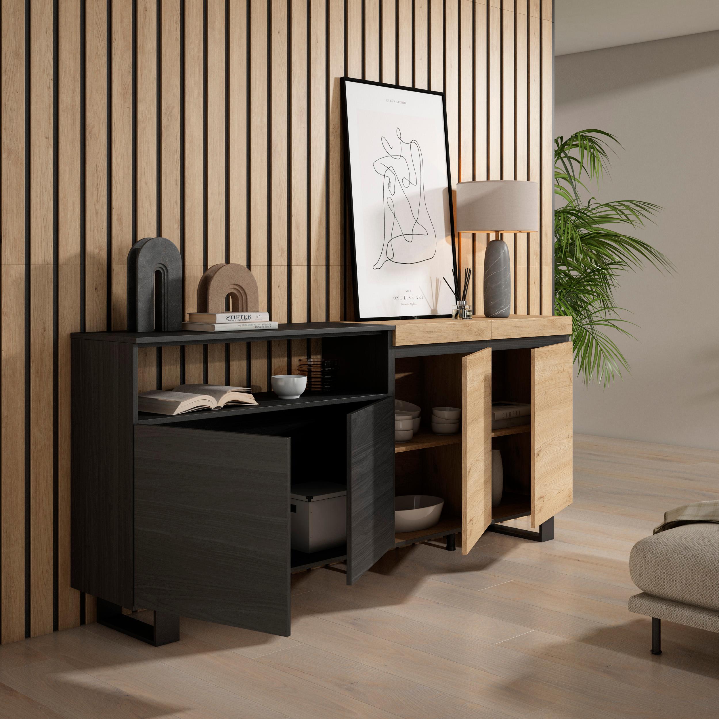 Credenza, Mobile, 200x35x87cm, 4 Porte, Design industriale, colore Rovere e nero RF2376