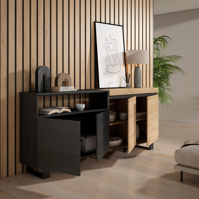 Credenza, Mobile, 200x35x87cm, 4 Porte, Design industriale, colore Rovere e nero RF2376