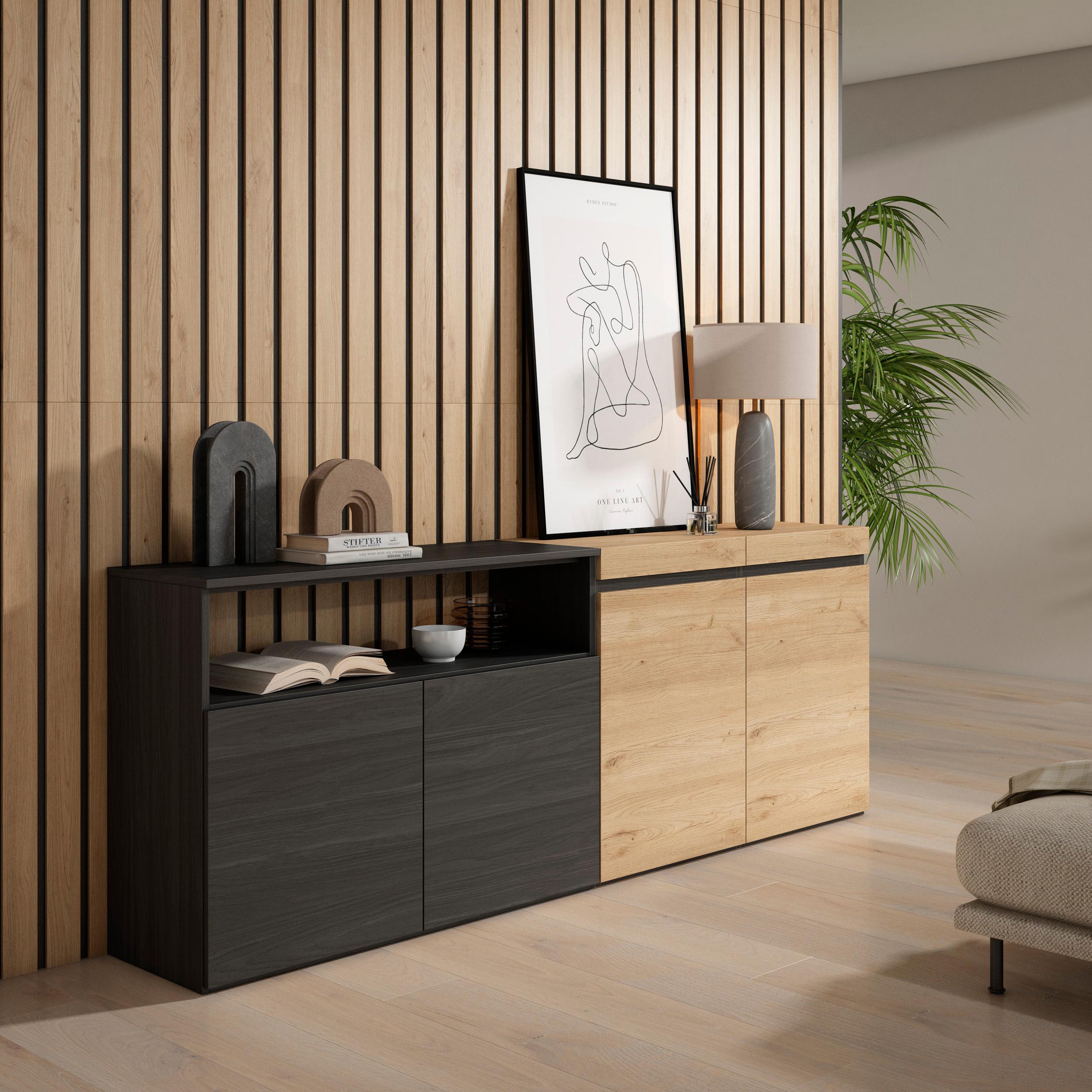 Credenza, Mobile, 200x35x75cm, 4 Porte, grande stoccaggio, colore Rovere e nero RF2375