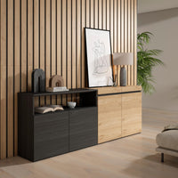 Credenza, Mobile, 200x35x75cm, 4 Porte, grande stoccaggio, colore Rovere e nero RF2375
