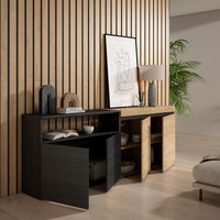 Credenza, Mobile, 200x35x75cm, 4 Porte, grande stoccaggio, colore Rovere e nero RF2375