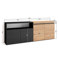 Credenza, Mobile, 200x35x75cm, 4 Porte, grande stoccaggio, colore Rovere e nero RF2375