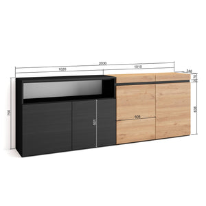 Credenza, Mobile, 200x35x75cm, 4 Porte, grande stoccaggio, colore Rovere e nero RF2375