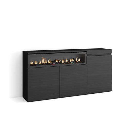 Credenza, Mobile, 150x35x75cm, 3 Porte, Camino elettrico, Nero RF2510