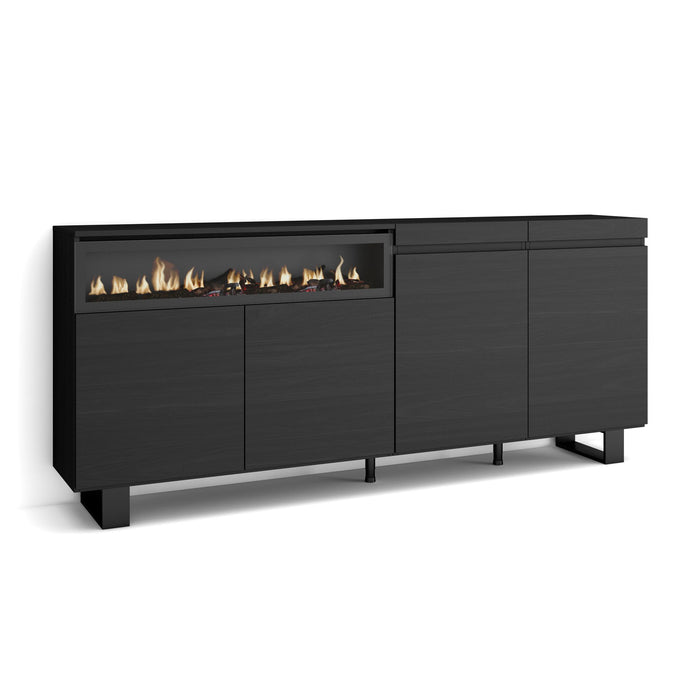 Credenza, Mobile, 200x35x87cm, 4 Porte, Camino elettrico, Design industriale, Nero RF2386