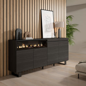 Credenza, Mobile, 200x35x87cm, 4 Porte, Camino elettrico, Design industriale, Nero RF2386