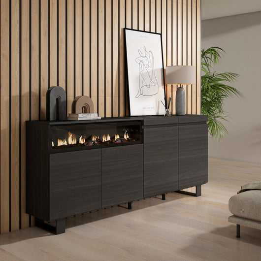 Credenza, Mobile, 200x35x87cm, 4 Porte, Camino elettrico, Design industriale, Nero RF2386