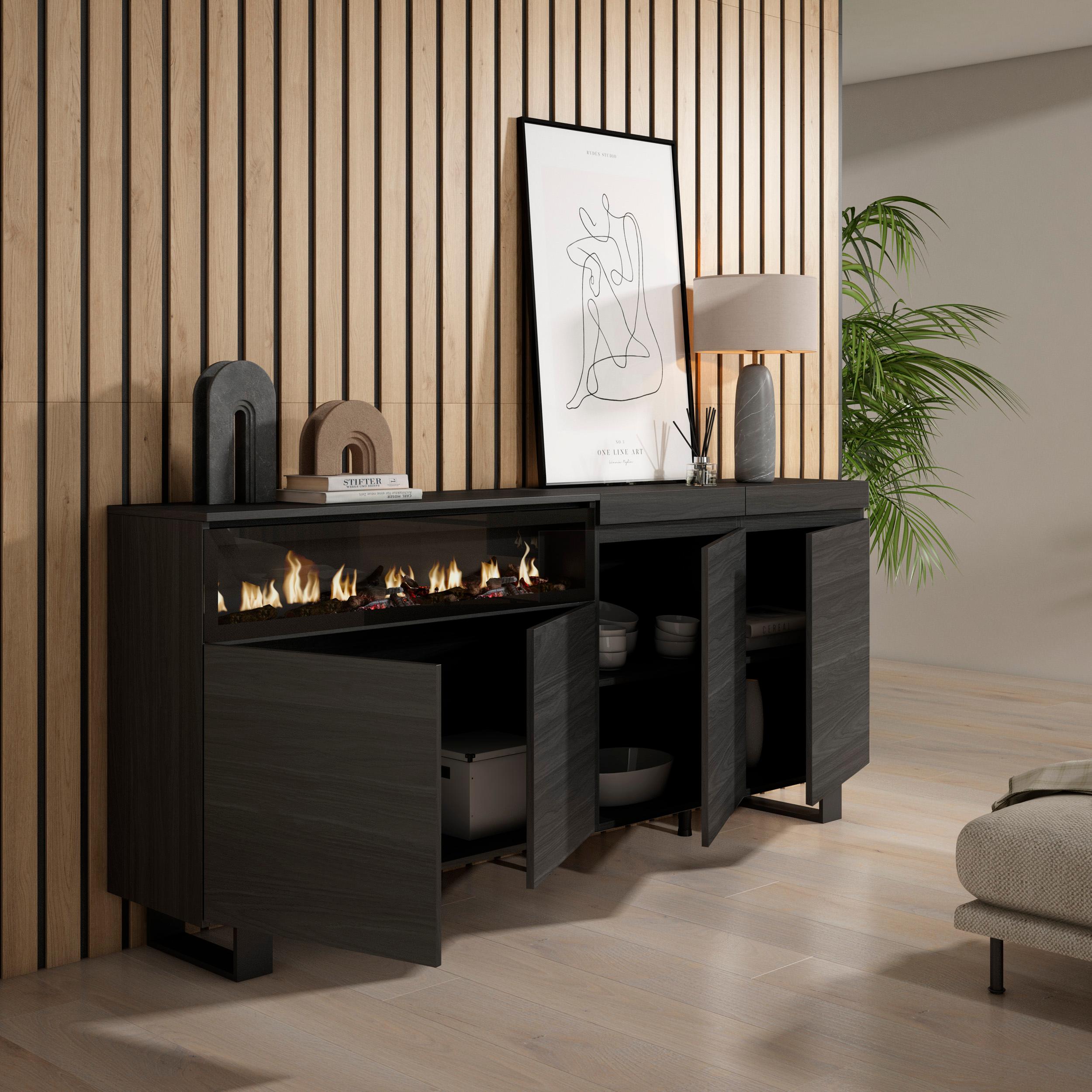 Credenza, Mobile, 200x35x87cm, 4 Porte, Camino elettrico, Design industriale, Nero RF2386