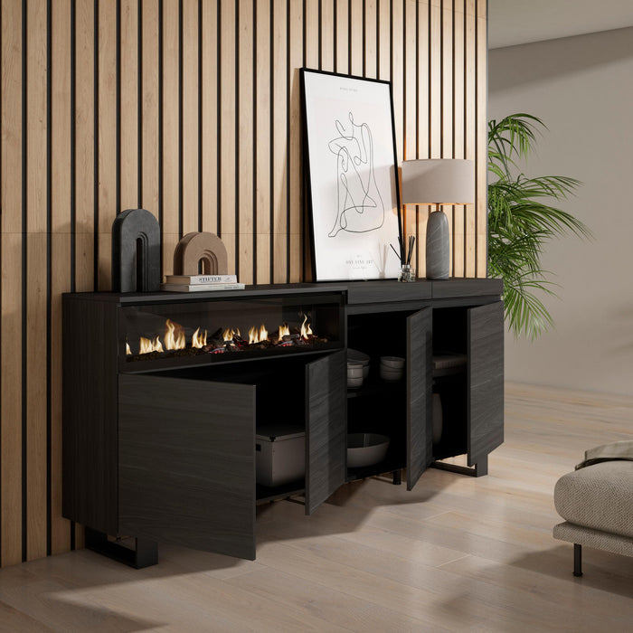 Credenza, Mobile, 200x35x87cm, 4 Porte, Camino elettrico, Design industriale, Nero RF2386