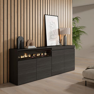 Credenza, Mobile, 200x35x75cm, 4 Porte, Camino elettrico, Nero RF2385