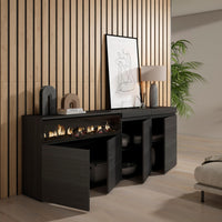 Credenza, Mobile, 200x35x75cm, 4 Porte, Camino elettrico, Nero RF2385