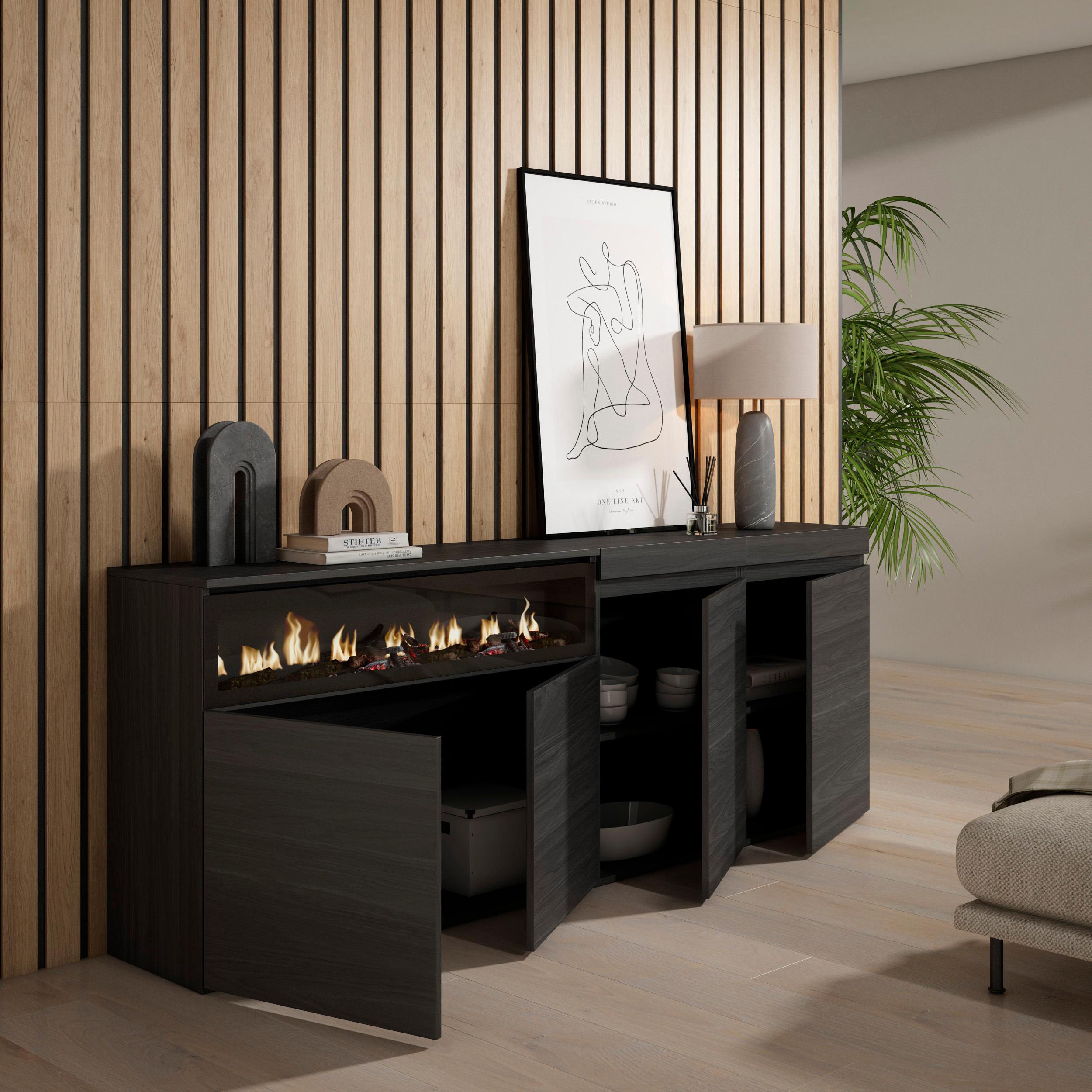 Credenza, Mobile, 200x35x75cm, 4 Porte, Camino elettrico, Nero RF2385