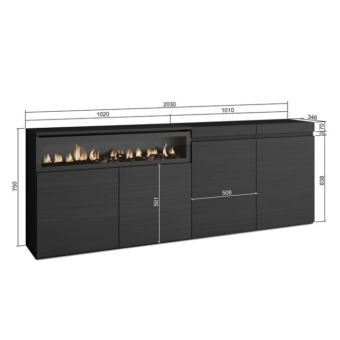 Credenza, Mobile, 200x35x75cm, 4 Porte, Camino elettrico, Nero RF2385
