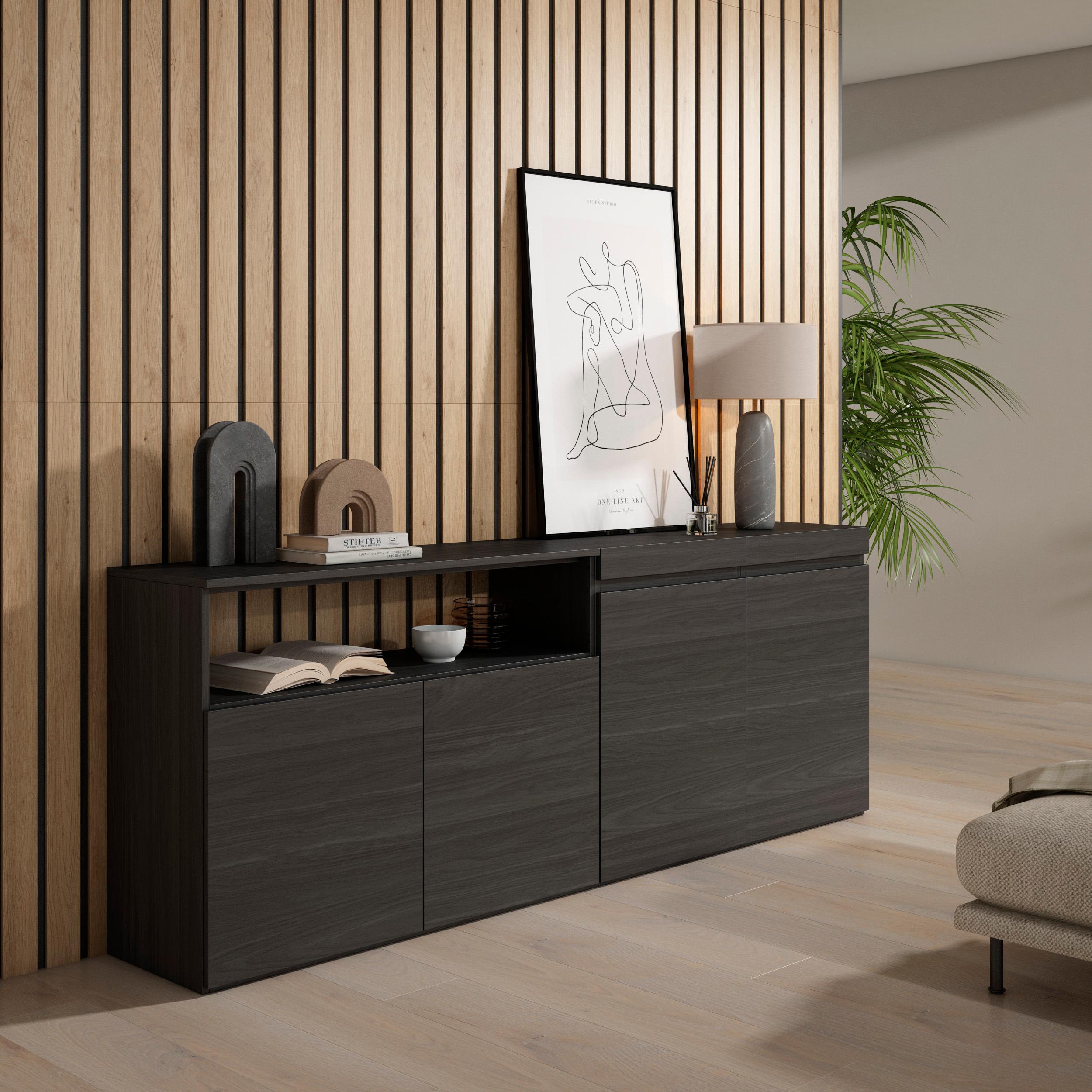 Credenza, Mobile, 200x35x75cm, 4 Porte, grande stoccaggio, Nero RF2383