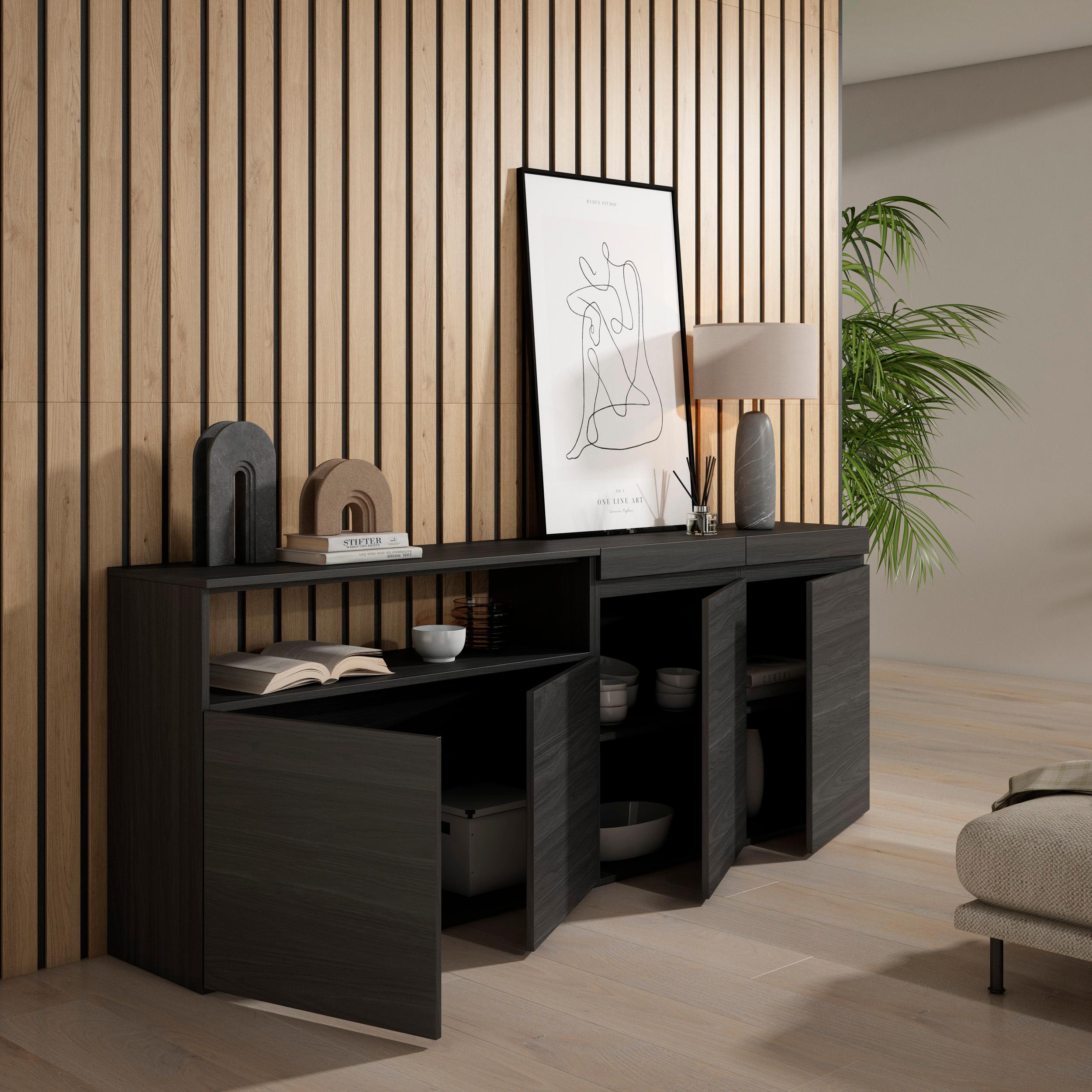 Credenza, Mobile, 200x35x75cm, 4 Porte, grande stoccaggio, Nero RF2383