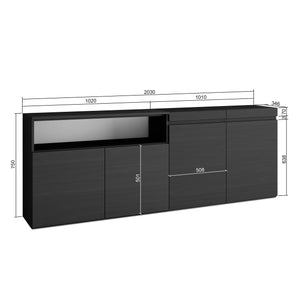 Credenza, Mobile, 200x35x75cm, 4 Porte, grande stoccaggio, Nero RF2383