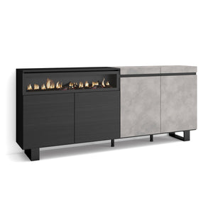 Credenza, Mobile, 200x35x87cm, 4 Porte, Camino elettrico, Design industriale, grigio cemento RF2410