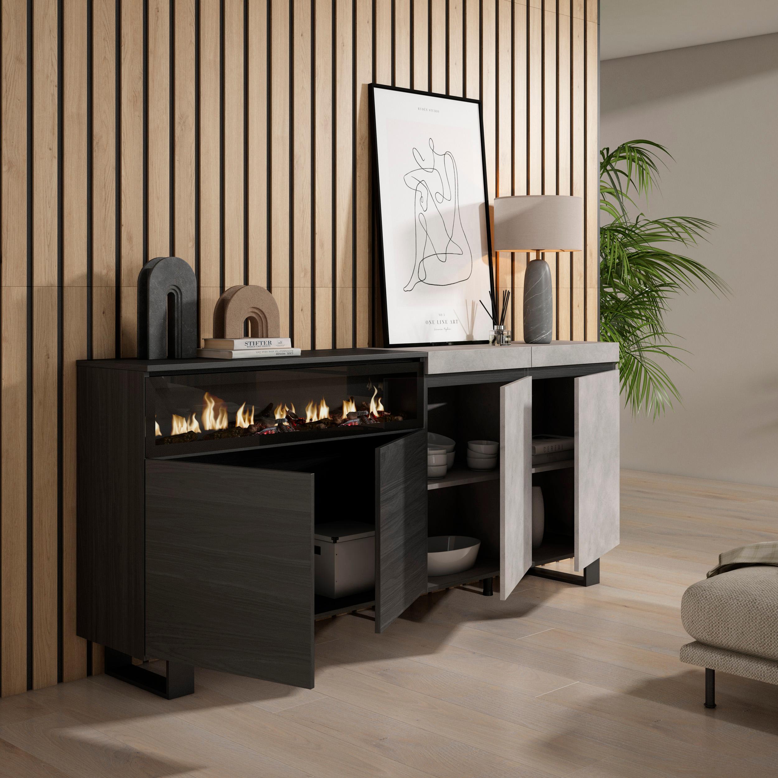 Credenza, Mobile, 200x35x87cm, 4 Porte, Camino elettrico, Design industriale, grigio cemento RF2410