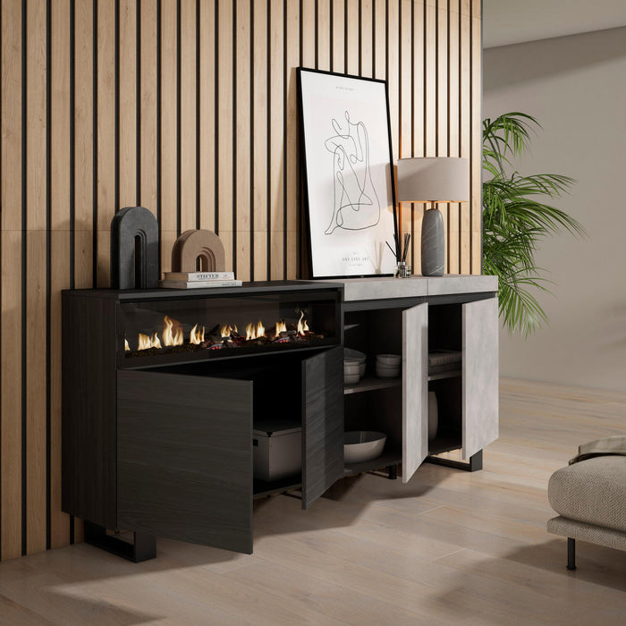 Credenza, Mobile, 200x35x87cm, 4 Porte, Camino elettrico, Design industriale, grigio cemento RF2410