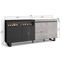 Credenza, Mobile, 200x35x87cm, 4 Porte, Camino elettrico, Design industriale, grigio cemento RF2410