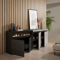 Credenza, Mobile, 200x35x75cm, 4 Porte, Camino elettrico, grigio cemento RF2409