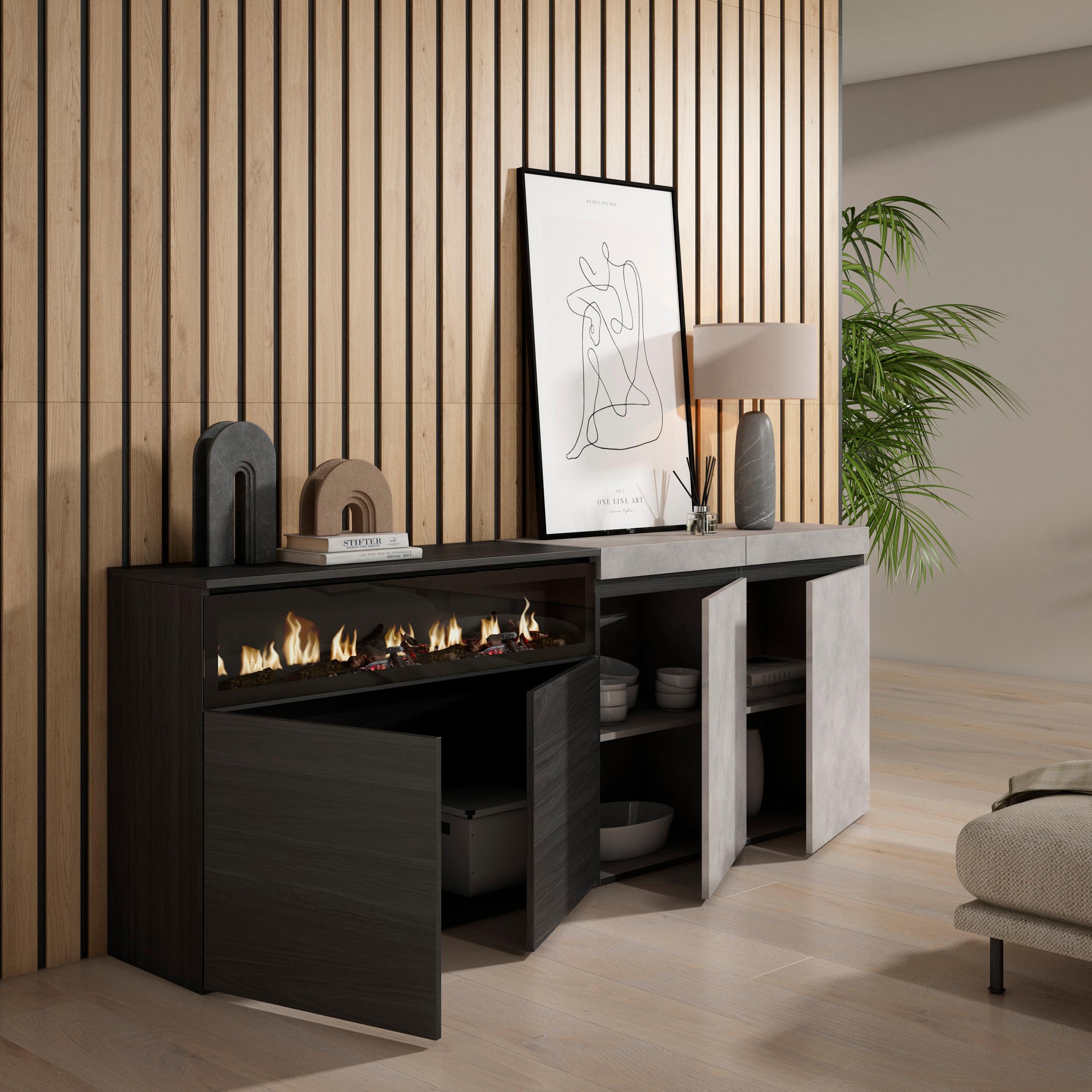 Credenza, Mobile, 200x35x75cm, 4 Porte, Camino elettrico, grigio cemento RF2409