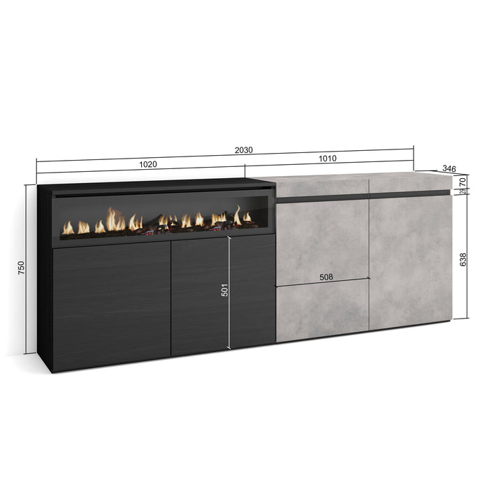 Credenza, Mobile, 200x35x75cm, 4 Porte, Camino elettrico, grigio cemento RF2409
