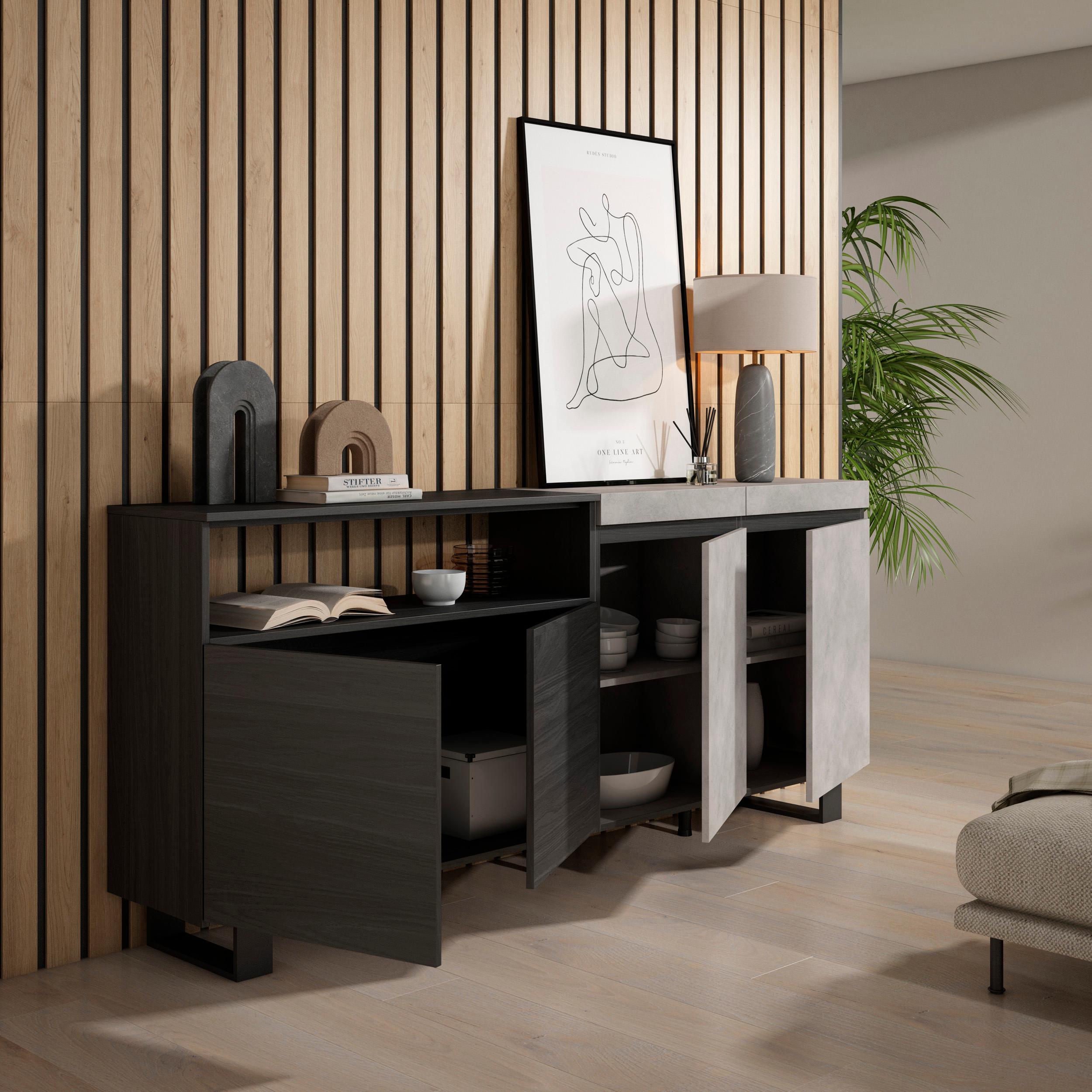 Credenza, Mobile, 200x35x87cm, 4 Porte, Design industriale, grigio cemento RF2408