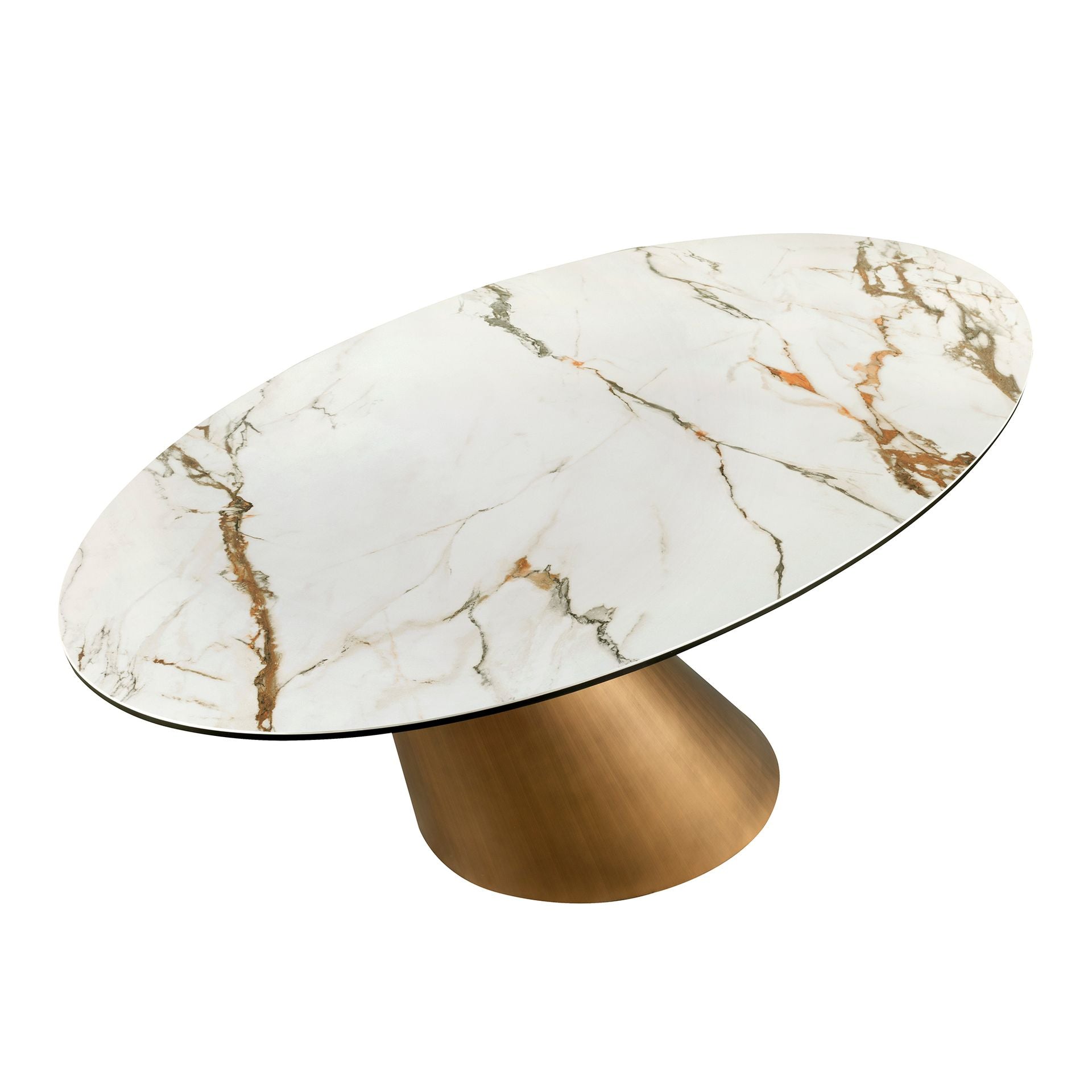 Tavolo da pranzo ovale con marmo porcellanato e fusto in acciaio color bronzo