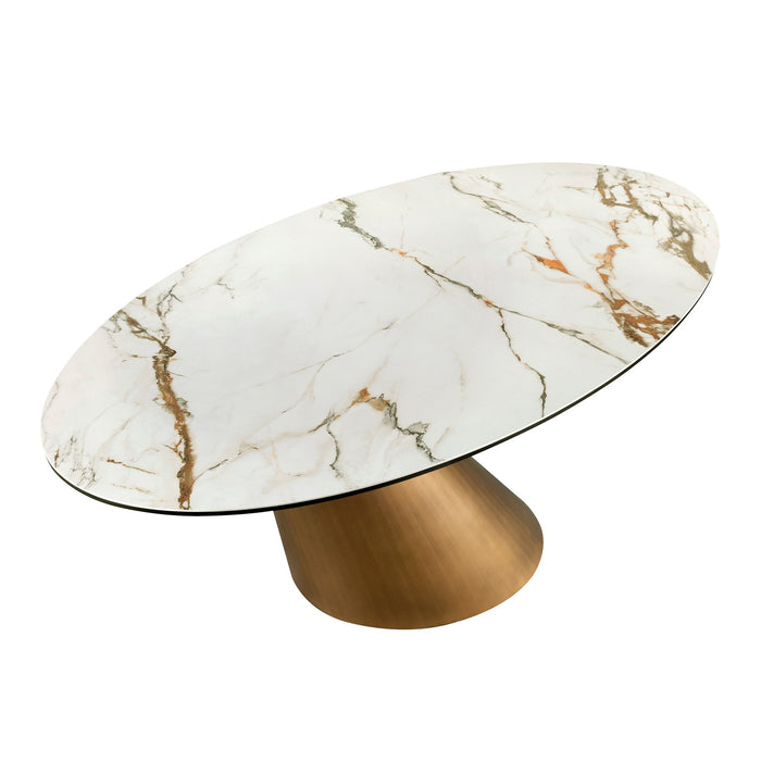 Tavolo da pranzo ovale con marmo porcellanato e fusto in acciaio color bronzo