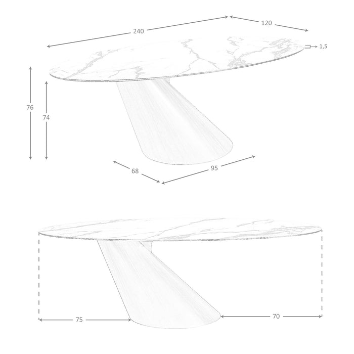 Tavolo da pranzo ovale con marmo porcellanato e fusto in acciaio color bronzo