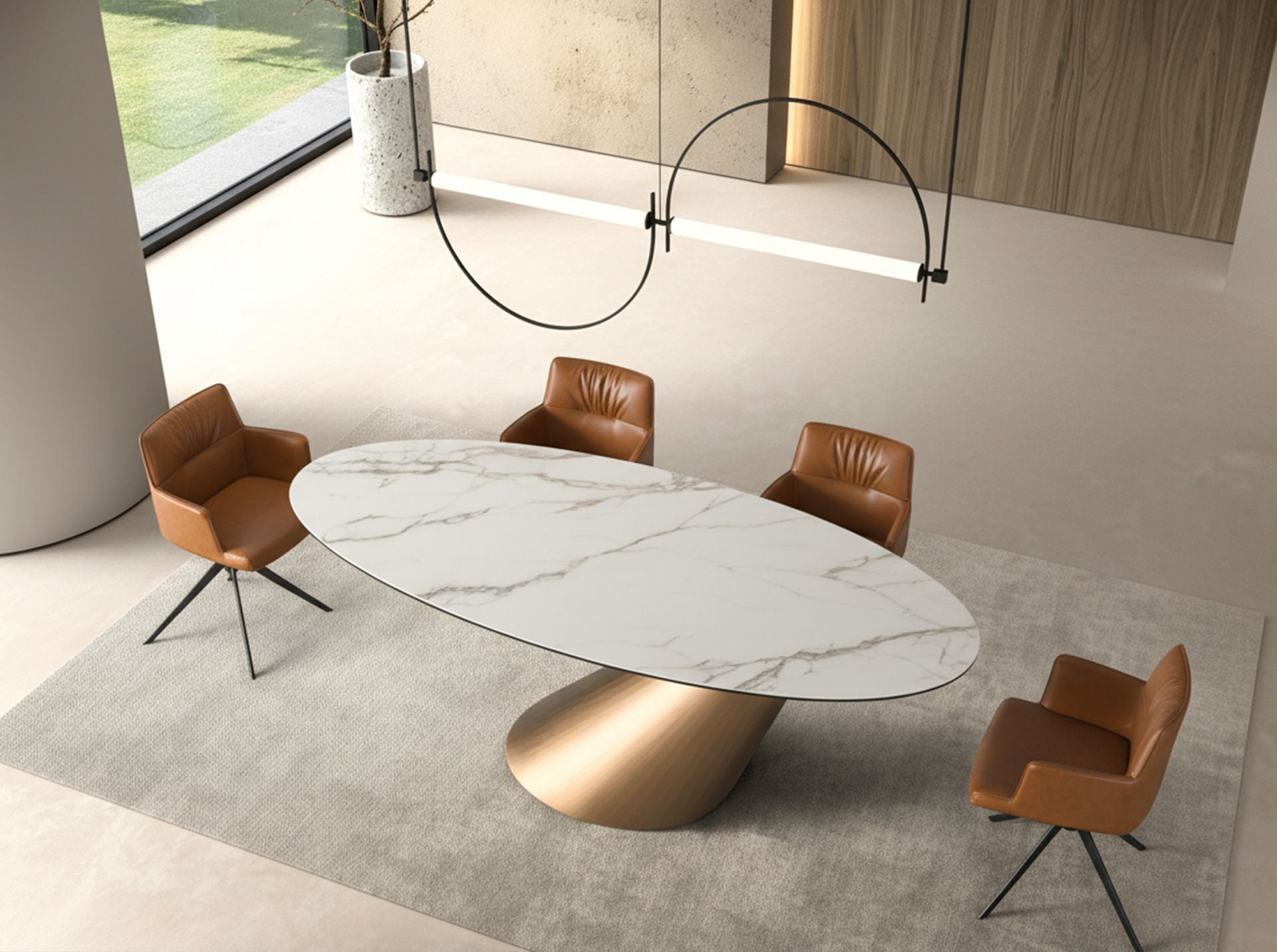 Tavolo da pranzo ovale con marmo porcellanato e fusto in acciaio color bronzo