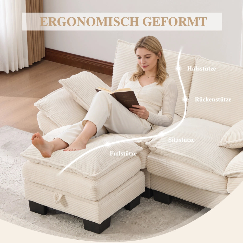 Divano modulare 2 posti in corduroy con pouf, seduta ergonomica, porta USB-C, tasche laterali e cuscini beige