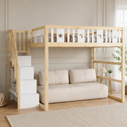 DESMIU Letto a castello per bambini 140 × 200 cm 2 posti con scala, ripiani e senza materasso, in legno massello, naturale e bianco
