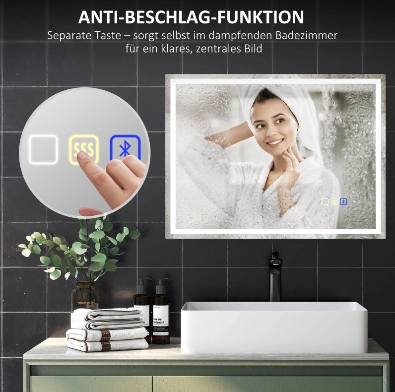 Specchio da bagno LED Bluetooth con orologio digitale e antiappannamento