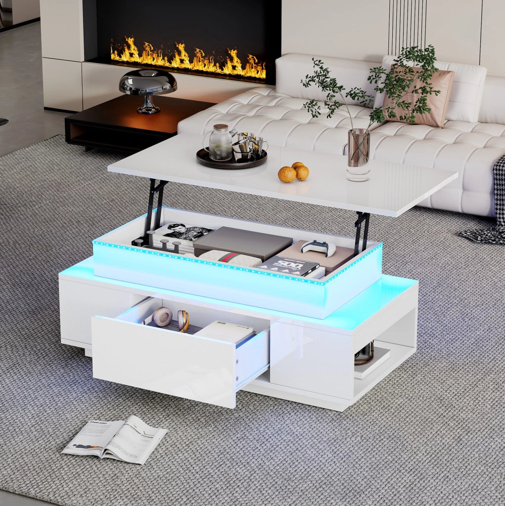 Tavolino da salotto elevabile con vano contenitore, cassetto e luce LED